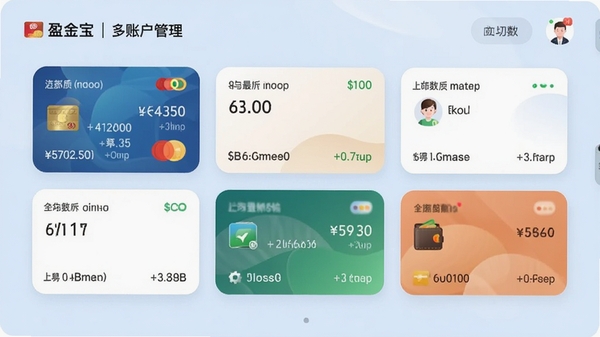 盈金宝多账户管理界面,展示多个银行卡和钱包卡片,每个卡片显示余额和最近交易,背景为淡蓝色,卡片圆角设计,整体风格清爽,突出资产汇总与切换功能