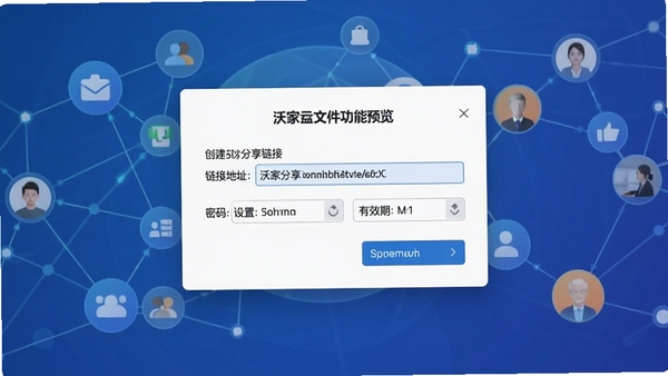 沃家云盘文件分享功能预览，展示创建分享链接的弹窗，包含链接地址、密码设置与有效期选项，背景为社交网络连接图标，突出分享与协作主题，界面友好直观
