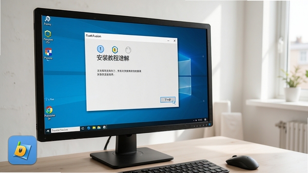 DisplayFusion 安装教程步骤图解，电脑屏幕显示安装向导界面，鼠标点击“下一步”按钮，桌面上有安装程序图标，背景为简洁的室内环境，光线自然，高分辨率，清晰展示每一步操作