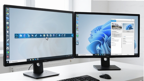 DisplayFusion 多任务栏功能展示，两台显示器上各有一个任务栏，任务栏上显示不同的程序图标，其中一个屏幕的任务栏被高亮显示，软件设置界面展开，背景为干净的办公桌面，鼠标指针指向任务栏，整体风格简洁，高分辨率