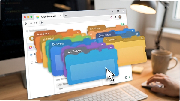 阿库浏览器(Acoo Browser)多标签页拖拽管理功能演示,画面中显示多个彩色标签页卡片悬浮在浏览器窗口上方,鼠标指针正拖动其中一个标签,背景为柔和的工作台场景,突出高效办公氛围