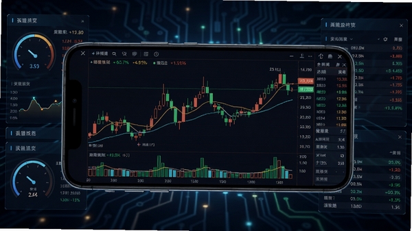 K线掘金软件界面预览图，展示手机屏幕上的K线图与交易数据，背景为深色金融科技风格，图表线条清晰，数据仪表盘环绕，整体画面专业且富有科技感
