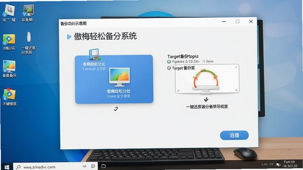 傲梅轻松备份系统备份功能示意图,显示选择系统分区和目标备份路径的界面,背景为电脑桌面,强调一键还原功能,画面清晰展示操作步骤