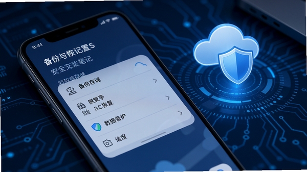 备忘录笔记记事数据备份设置界面，手机屏幕显示备份与恢复选项，背景为深蓝色科技感桌面，有一个云朵和盾牌图标，强调安全存储和数据保护