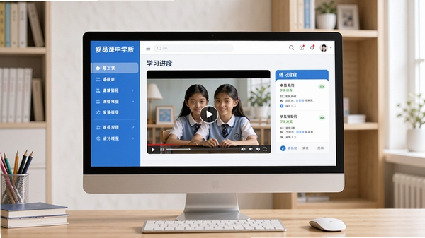 爱易课中学版主界面预览图,显示课程列表与学习进度面板,左侧为章节导航,右侧为视频播放区与练习题区域,整体色调以蓝色和白色为主,界面清爽现代,适合中学生使用,画面主体为电脑屏幕展示软件界面,背景为简洁的书桌与书架,光线明亮柔和