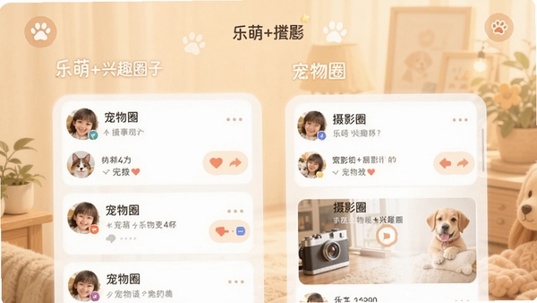 乐萌+兴趣圈子界面效果图,展示宠物圈和摄影圈的帖子列表,用户头像和互动按钮清晰可见,背景为柔和的暖色调,营造温馨和谐的社区氛围