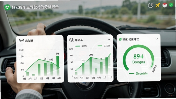 好安好车主驾驶行为分析报告页面，展示急加速、急刹车等数据图表，配以绿色安全评分和优化建议，背景为驾驶员手握方向盘视角，画面清晰专业，适配Boogu模型生成