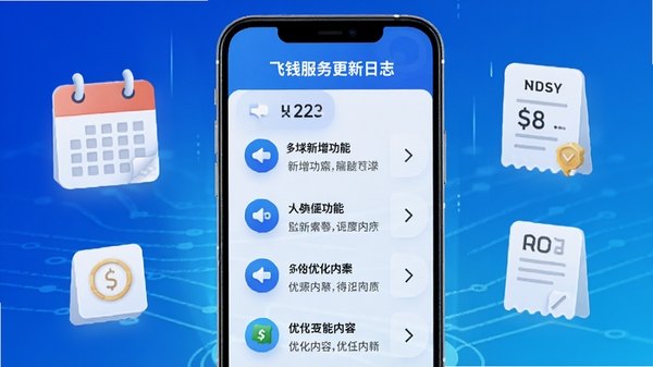 飞钱服务更新日志配图，展示手机屏幕上的功能更新列表，背景为科技感蓝色渐变，有日历和账单图标，突出新增功能和优化内容