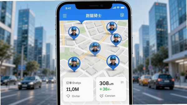 跑腿骑士送达APP主界面预览图,画面中央是一张城市地图,上面有多个骑手头像图标正在移动,底部是清晰的订单状态卡片,背景为模糊的现代都市街景,整体色调明亮,突出高效便捷的配送服务氛围