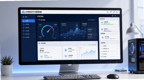 云帮手PC管理端主界面预览图,展示清晰的系统状态仪表盘与功能模块布局,背景为现代化简约电脑桌面环境,整体色调以深蓝与白色为主,强调科技感与专业性