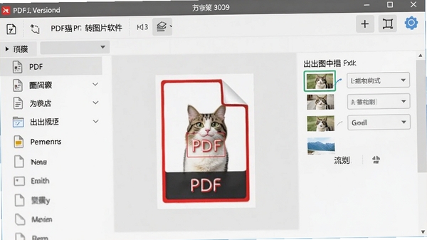 PDF猫PDF转图片软件主界面预览图，展示简洁的工具栏和文件列表，背景为浅灰色调，界面中央有PDF文件缩略图与导出图片格式选项，清晰展示软件名称和版本号