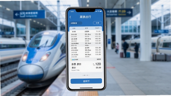 一张手机屏幕展示铁路火车票高铁出行主界面的高清图片,界面包含清晰的列车时刻表、余票数量、票价信息,背景为模糊的高铁站台,整体色调蓝白相间,风格现代简洁,突出票务查询与预订的核心功能,适配移动端竖屏展示。
