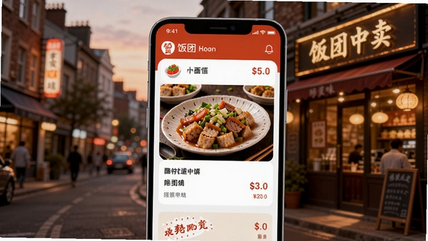 饭团外卖应用主视觉图，画面中央是一部显示饭团外卖点餐界面的智能手机，屏幕上有清晰的中餐菜品图片和价格列表，背景是模糊的海外城市街景和一家亮着暖光的中餐馆门面，整体色调温暖，突出外卖配送和家乡味道的核心主题，构图主体突出，背景虚化。