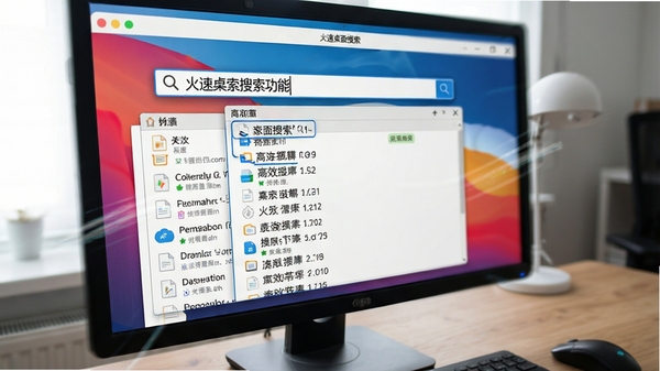 火速桌面搜索的实时搜索功能展示，电脑屏幕上显示软件界面，搜索框中输入部分关键词，下方结果列表已迅速弹出多个匹配文件，界面响应迅速，画面动感，突出即时搜索的高效性