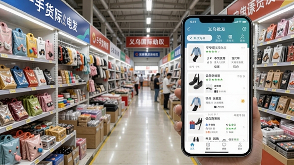 一款名为一手货源义乌批发的手机应用界面横屏展示,背景是繁忙的义乌国际商贸城内部场景,货架上摆满各类小商品,画面主体聚焦在手机屏幕上的商品列表和供应商信息,整体风格写实明亮,突出源头批发与移动采购的便捷感