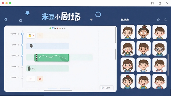 米豆小剧场主界面预览图,展示整洁的时间轴编辑区与右侧丰富的角色素材库,背景为淡雅的深蓝色调,突出软件名称米豆小剧场,整体画面明亮清晰,风格现代扁平化