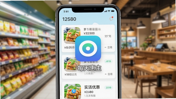 12580每天惠主界面展示，手机屏幕内显示附近商家优惠列表，背景为模糊的超市和餐厅场景，整体色调明亮清新，突出生活服务与实惠感，画面中心为应用图标与名称，适配Boogu模型生成