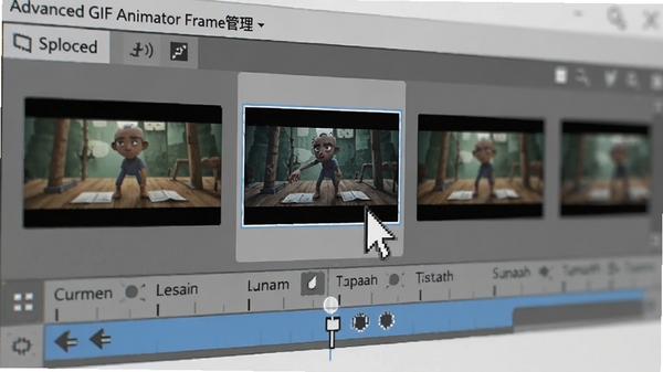 Advanced GIF Animator帧管理面板特写,显示多张缩略图帧序列,鼠标指针悬停在某一帧上,底部时间轴高亮显示当前选中状态,界面清晰直观