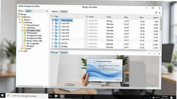 Boogu模型生成，展示a43 file management utility软件在Windows桌面上的整体运行界面，主界面为文件列表与预览窗口的左右分栏布局，左侧是清晰的文件夹目录树，右侧上方为文件详细列表，下方为选中文件的即时内容预览区，整体风格简洁明快，背景为虚化的现代办公桌面环境，突出软件核心的文件管理与预览功能，画面清晰，色彩自然。