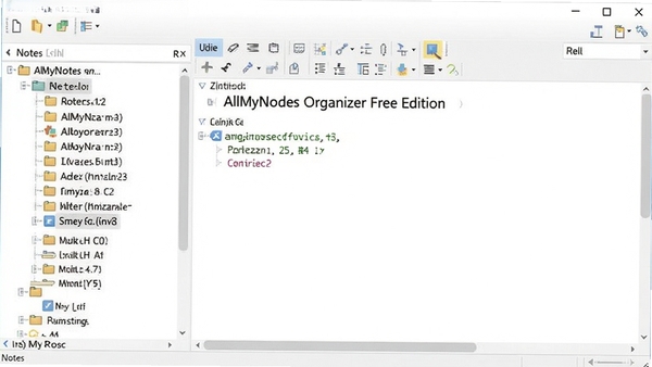 AllMyNotes Organizer Free Edition 主界面截图,展示左侧的树状笔记目录结构和右侧的笔记编辑区域,整体界面风格清爽简洁,布局合理,色彩搭配舒适,能够清晰展示软件的功能布局和操作逻辑。