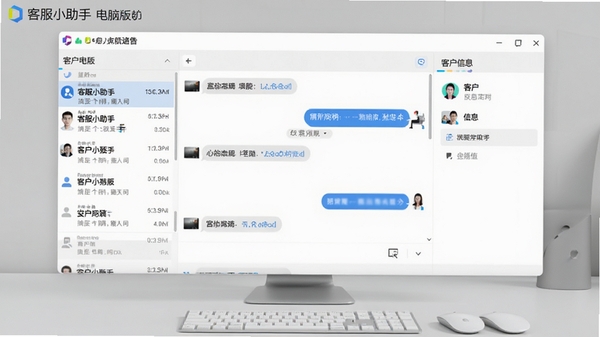 客服小助手电脑版主界面预览图，展示左侧会话列表、中间聊天窗口和右侧客户信息面板的三栏布局，整体界面简洁清晰，现代感强，背景为浅灰色工作台，软件名称以标题形式显示在左上角