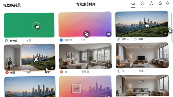 轻松换背景内置背景素材库界面，展示多个分类的缩略图，包括纯色、渐变、风景、室内等风格，界面采用网格布局，鼠标悬停显示预览效果，整体视觉整齐美观。