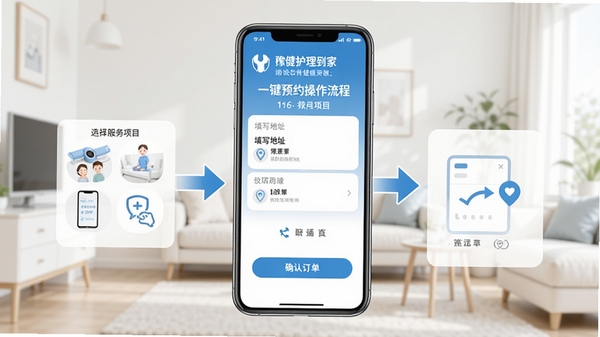 豫健护理到家一键预约操作流程演示图，手机界面显示选择服务项目、填写地址、确认订单三个步骤，背景为简洁的室内环境，突出便捷高效，画面干净明亮，配以箭头指示，便于理解