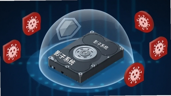 一幅简洁的3D渲染图,展示一个被透明防护罩覆盖的电脑硬盘,防护罩上带有“影子系统”字样,周围有代表病毒的红色图标被阻挡在外,背景为深蓝色科技风格,光线聚焦在防护罩上,突出安全、隔离、保护的概念