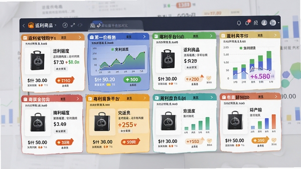 返利省钱购多平台对比界面，屏幕分成多个小窗口展示不同电商平台的同一商品价格与返利金额，色彩鲜明，数据可视化图表清晰展示省钱幅度，背景为浅灰色商务风格