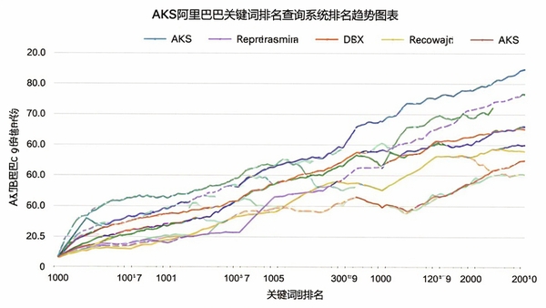 AKS阿里巴巴关键词排名查询系统排名趋势图表，折线图展示关键词排名变化，不同颜色线条区分不同关键词，背景为白色，图表清晰易读