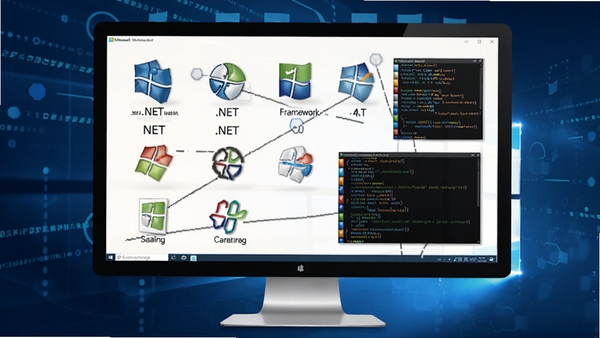 一幅展示Microsoft .NET Framework 4.0 软件核心功能的预览图，画面中央是一个现代化的Windows电脑屏幕，屏幕上显示着各种基于.NET框架运行的软件图标和代码片段，背景为抽象的科技蓝色数字流，整体风格专业且清晰，突出软件作为系统运行基础组件的重要性。
