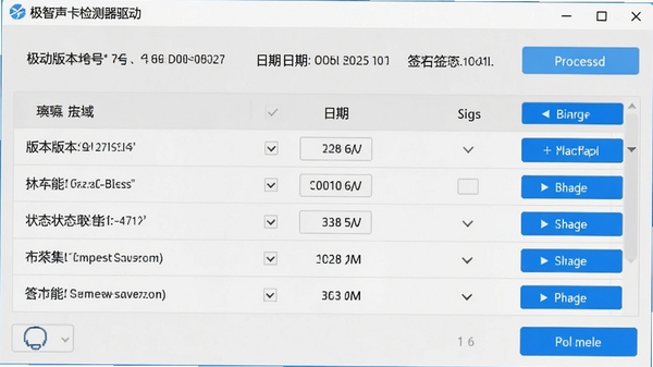 极智声卡检测器驱动检测功能界面,显示驱动版本号、日期、签名状态,背景为浅灰色,数据列表清晰,界面采用蓝色高亮按钮,画面比例为16:9