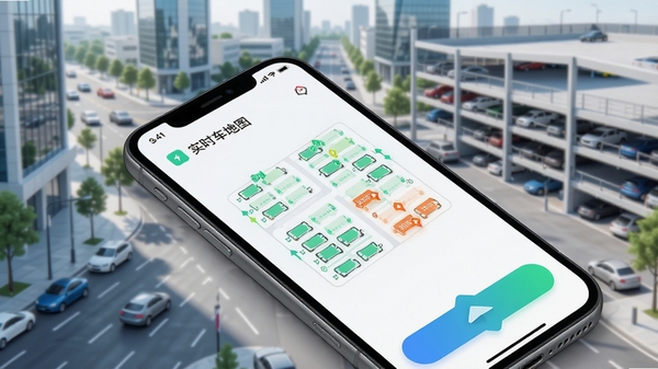 停小帮app主界面预览图，展示实时车位地图与空闲车位标记，背景为现代城市街道与停车场，整体色调清新明亮，UI设计简洁直观，突出车位状态与导航按钮，采用俯视视角呈现手机界面，画面细腻生动