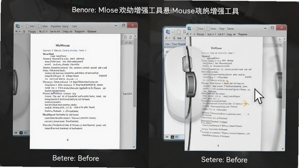 WizMouse鼠标滚轮增强工具的悬停滚动功能演示,画面中同时打开两个并排的文档窗口,鼠标指针悬停在右侧未激活的窗口上,滚轮滚动后右侧窗口内容随之滚动,画面清晰展示操作前后对比,风格简洁明了,突出功能特点