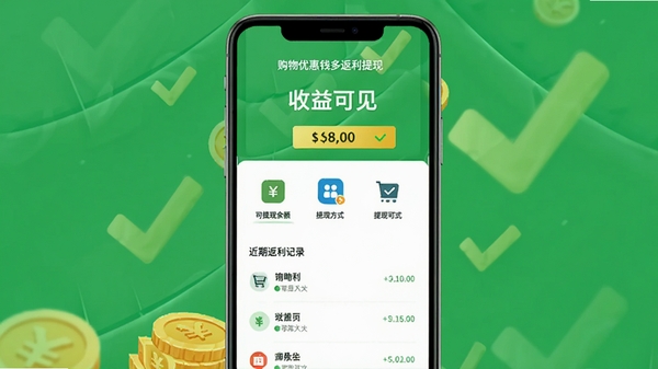 购物优惠省钱多返利提现页面示意图，显示可提现余额、提现方式图标和近期返利记录列表，背景为绿色对勾和金币元素，强调安全可靠和收益可见，画面简洁清晰