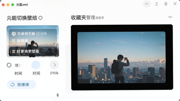 元壁纸软件智能切换设置界面示意图，展示定时更换壁纸的时间选项与收藏夹管理功能，界面清晰，带有预览窗口