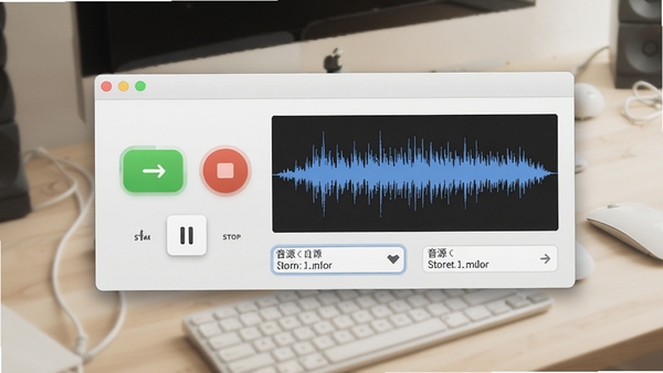 闪电电脑录音软件主界面预览图，展示简洁的录音控制面板，包含开始、暂停、停止按钮，波形显示区域，以及音源选择选项，背景为浅色系工作台，整体风格清爽专业