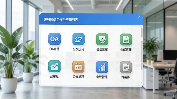 政务微信工作台应用列表界面,展示OA审批、公文流转、会议管理等多个图标,背景为现代办公室,有绿色植物,整体风格清爽,细节丰富。