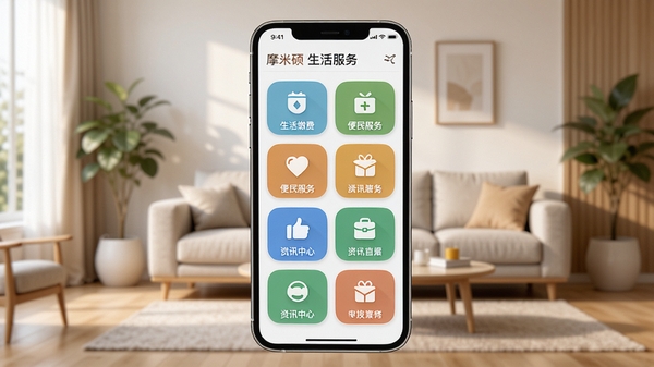 摩米硕生活服务应用主界面展示,手机屏幕内显示清晰的功能图标网格,涵盖生活缴费、便民服务、资讯中心等模块,背景为现代简约风格的客厅环境,整体色调温馨明亮,画面中心突出手机屏幕内容,细节丰富,适合应用商店预览图风格