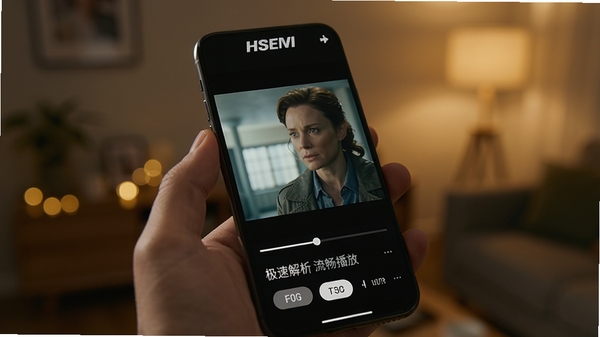 一只手握着手机,屏幕中正在播放高清电影画面,画面流畅无拖影,下方显示播放进度条和清晰度切换选项,背景是模糊的室内光线,突出“极速解析 流畅播放”的核心功能,采用特写摄影风格,强调屏幕细节
