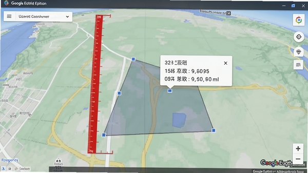 Google地球专业版 测量工具使用场景，地图上显示红色标尺与多边形面积，数据浮窗标注，简洁清晰