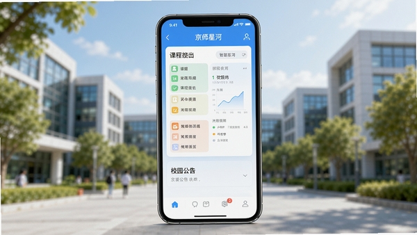 展示京师星河APP主界面，画面中央是一部智能手机，屏幕内显示课程表与校园公告的融合界面，背景是模糊的现代化校园建筑与绿树，整体色调清新明亮，突出智慧校园的主题，画面细节丰富，构图平衡。