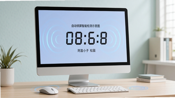 阿昌小子自动锁屏智能检测示意图，画面中一台电脑显示器上显示时间倒计时，鼠标和键盘旁有动态波纹线条表示检测状态，背景为简约办公环境，色调淡雅