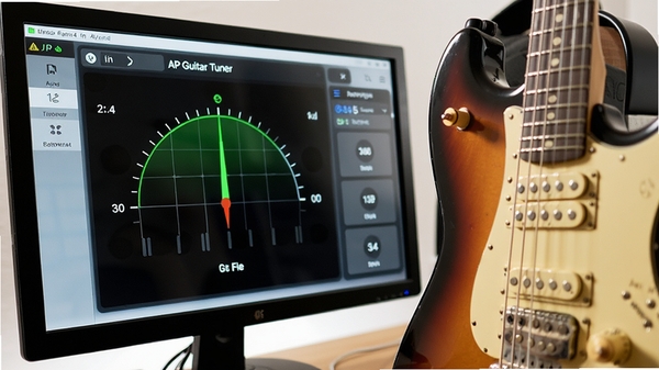AP Guitar Tuner调音过程特写图，电脑屏幕显示调音界面，指针稳定在中间绿色区域，旁边有一把电吉他的局部特写，琴弦微微震动，环境光线明亮，突出软件界面与实体乐器的互动感，高清画质。
