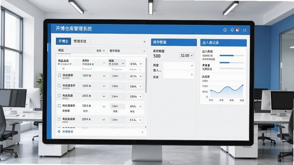 开博仓库管理系统主界面截图，展示商品列表、库存数量、出入库记录等核心功能模块，背景为现代简约风格的办公室环境，色调以蓝白为主，画面清晰明亮，突出软件的专业性与易用性