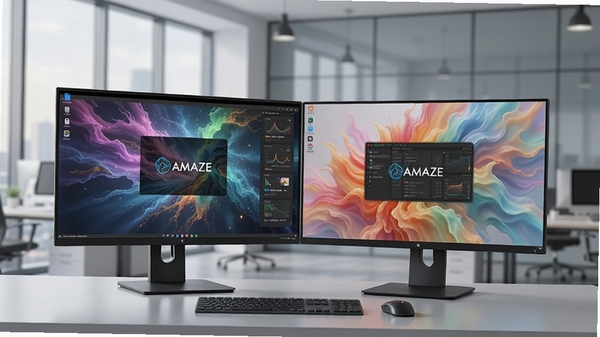 Amaze Multimedia Screen Saver 多显示器与电源管理功能展示图，画面中一台电脑连接两台显示器，分别显示不同动态壁纸，背景为现代办公室环境，色调柔和，突出智能管理特性，16:9构图