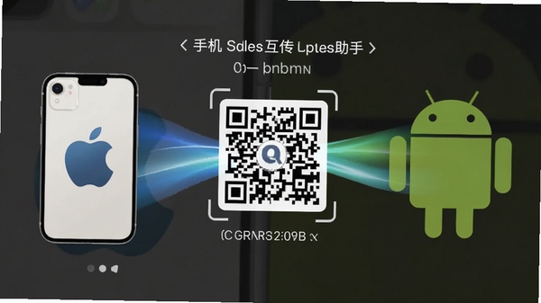 手机克隆互传搬家助手连接界面截图，屏幕中展示二维码扫描配对页面，背景分为左右两半，左边是苹果手机图标，右边是安卓机器人图标，中间用流畅的光束连接，寓意跨系统传输无障碍