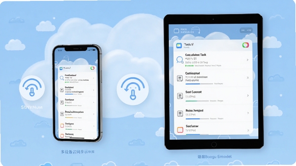 动你怎么了多设备云同步示意图,手机和平板并排显示相同任务列表,背景为浅色云朵图案,强调数据同步与便捷性,画面简洁现代,适配Boogu模型生成