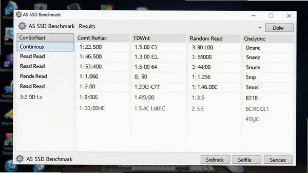 AS SSD Benchmark主界面截图,展示测试结果列表,背景为深色电脑桌面,界面清晰显示持续读写、随机读写等参数,整体风格专业简洁,画面主体为软件窗口,背景虚化处理