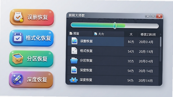 转转大师数据修复软件功能预览图，画面左侧竖向排列着“误删恢复”、“格式化恢复”、“分区恢复”、“深度恢复”四个彩色图标按钮，右侧展示一个模拟的磁盘扫描进度条界面，扫描出的文件以列表形式呈现，包含文件名、大小、修改日期等信息，整体色调明亮，图标设计具有立体感，背景为柔和的浅灰色渐变，突出软件的多种恢复能力。